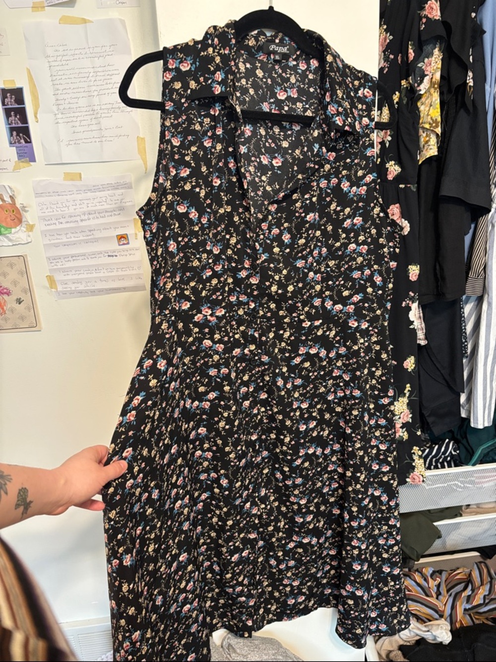 Papa Black Floral Collared Sleeveless Dress with Pink & Blue Blooms